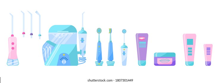 Juego de herramientas para cepillar los dientes. Herramientas de limpieza dental. Irrigator con boquillas reemplazables, cepillos de dientes eléctricos, pasta de dientes aislada en un fondo blanco. Ilustración vectorial en un estilo plano.