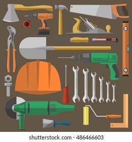 Set of tools for building, repair and construction equipment. Flat icons: hammer, pliers, wrench, screwdriver, drill, saw. Vector illustration isolated