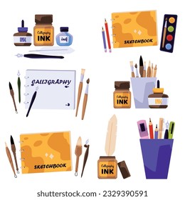 Set of tools for calligraphy and hand lettering, flat vector illustration isolated on white background. Sketchbook, ink bottles, brushes, quills and nibs, pencils and markers. Stationery shop.