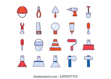 Set of tools for carpenter, blacksmith, handyman.. Professional DIY tools and equipment of highly qualified specialist. Simple colored stroked vector icon collection isolated on white background