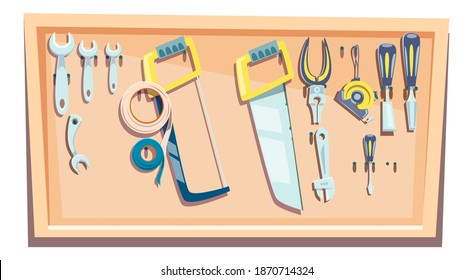 Set of tools for a carpenter, a stand with a set for woodworking fixed on it cartoon vector illustration