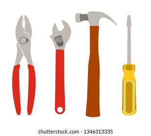 Set of tools for carpentry service, repair service, isolated on white background. Pliers, screwdriver, wrenches. Vector illustration - Vektör