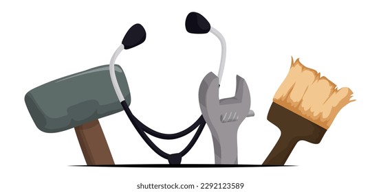 Set of tools in cartoon style coming out of a line in the bottom: hammer, stethoscope, adjustable wrench and paintbrush. Cartoon style design.