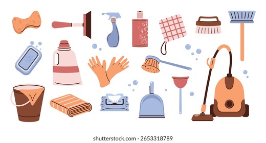 Um conjunto de ferramentas e detergentes químicos para limpeza doméstica em um fundo branco. Ilustração vetorial.