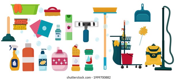 A set of tools and a cleaning cart, cleaning and disinfecting agents, sponges, gloves, rags and brushes, a vacuum cleaner.  Vector illustrations isolated on a white background.