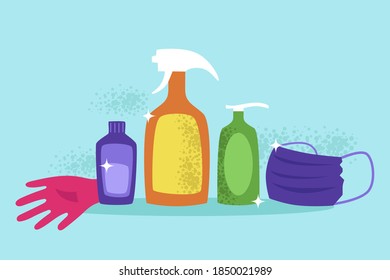 A set of tools for cleaning and disinfection. Vector cartoon illustration. Bottles of cleaning products, mask, gloves. Coronavirus. COVID-19. Household things for cleaning.