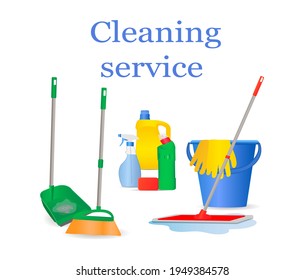 A set of tools for cleaning the house. Brush, scoop, mop, bucket, gloves, spray, bottles of cleaning agents. Can be used as a banner for a cleaning company. Vector illustration with cartoon style.