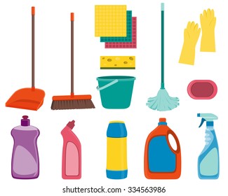 Set tools for cleaning isolated on white background. Vector illustration