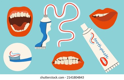 A set of tools for cleaning the mouth. Smile with white teeth, basty, toothbrush. Dental hygiene, oral care concept. Hand drawn vector icons, cartoon.