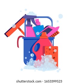 A set of tools for cleaning rooms. Bucket, brushes, household cleaning products, rag and sponges.