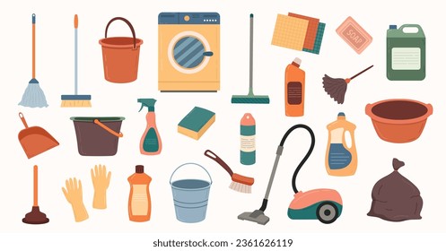 Set tools for cleaning supplies isolated on white background. Vector illustration of housework items