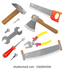 Set of tools. Color images of saw, wrench, pliers, hammer, axe, screwdriver  on white background. Instruments for work. Vector illustration.