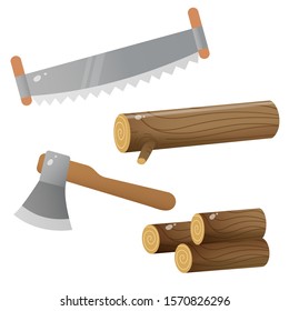 Set of tools. Color images of saw and axe with woodpile and log on white background. Instruments for work. Vector illustration.