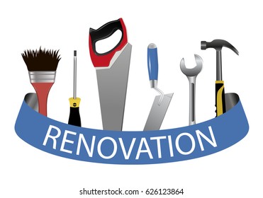 A set of tools. Concept logo for service renovation. Trowel, saw, hammer, wrench, screwdriver and brush. Vector illustration.