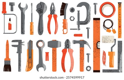 Set of tools for construction, DIY projects, and home improvement. Illustrations for use in design projects, workshops, and educational materials.