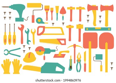 A set of tools for construction and repair. Elements of icons for design or logo. Drill, brushes, nails, trowel, screwdriver, shovel, hammer, ax, saw, etc. Flat illustration. Vector.
