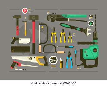 Set of tools for construction and repair. Saw and hammer, screwdriver and pliers. Vector illustration