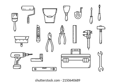 Ensemble d'outils pour la construction et la réparation. Icônes linéaires simples. Style Doodle