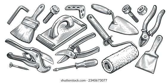 Set of tools. Construction or repair supplies. Housework concept. Sketch vector illustration