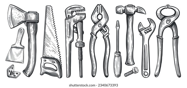 Set of tools for construction or repair work. Clamping pliers, hammer, screwdriver, hacksaw, wrench, plumbing key