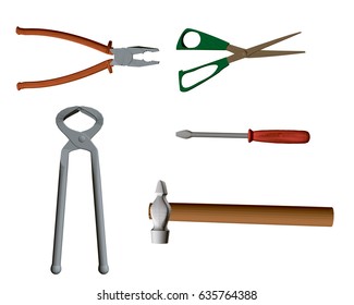 A set of tools containing a hammer, nippers, scissors, screwdriver. Tools isolated on white background. 3D polygon style. Vector illustration. View from above. EPS 8.