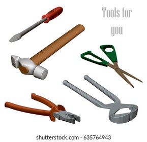 A set of tools containing a hammer, nippers, scissors, screwdriver. Tools isolated on white background. 3D polygon style. Vector illustration. Isometry. EPS 8.