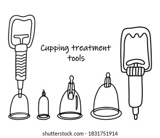 Conjunto de herramientas para el tratamiento de corte. Medicina alternativa. Dibujo de dibujos a mano dibujado en forma de vectores de una copa médica y una pistola de aspiración o bomba de succión en fondo blanco. Esquema aislado. 