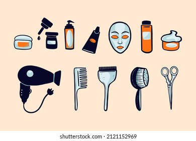 
Set von Werkzeugen zum Schneiden, Stylen von Haaren und Hautpflegeprodukten.  Vektorgrafik.