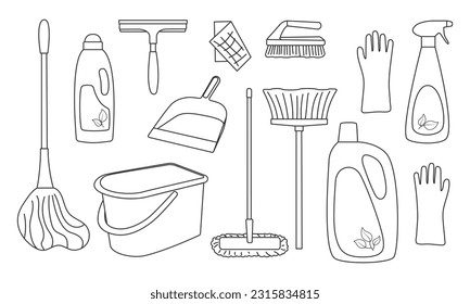 A set of tools and detergents for cleaning service. Outline vector collection for household cleaner. Linear supplies for washing