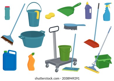 Un conjunto de herramientas y dispositivos para la limpieza.Un conjunto de herramientas plásticas, cucharas, brochas y cubos.Herramientas manuales para la limpieza.La ilustración está aislada en un fondo blanco.