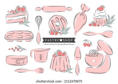 Set tools, different desserts, accessories and Ingredients  for cooking, baking items  dessert and pastry dishes. Whisk, cutlery, spatulas, mixer. Vector illustration