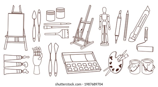 A set of tools for drawing and creating in a linear style. Contour image of art objects. Vector design element.