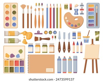 Set of tools for drawing. Vector watercolor, gouache oil and acrylic paints. Felt tip pens, colored pencils and different shaped brushes for painting, erasers and spatulas. Table and floor easels