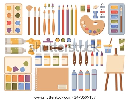 Set of tools for drawing. Vector watercolor, gouache oil and acrylic paints. Felt tip pens, colored pencils and different shaped brushes for painting, erasers and spatulas. Table and floor easels