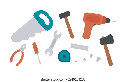 Set with tools. Drill, hammer, axe, screw, screwdriver, tape measure, ruler, saw, wrench and pliers. Vector illustration.