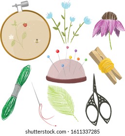 Set of tools for embroidery. Illustration on the theme of embroidery patterns with threads.
