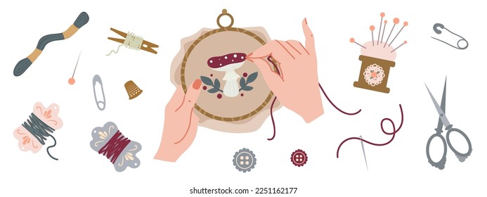 A set of tools for embroidery, needlework.Vector graphics.