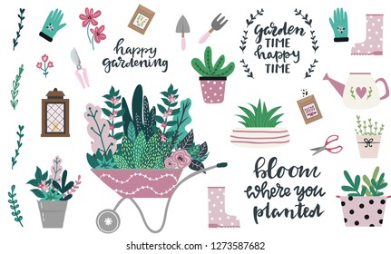 Conjunto de herramientas y equipos para la jardinería en estilo adorable dibujado a mano. Elementos del jardín: carretilla, pala, lata de riego, flores, guantes de jardín, macetas de flores, hierba y hojas. Dibujo vectorial de primavera