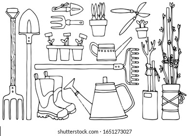 A set of tools and equipment for gardening in a cute hand-drawn style. Garden items. Spring time vector drawing. Coloring page.