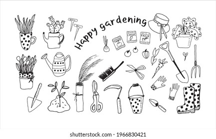 Set of tools and equipment for gardening in doodle style. Garden elements: boots, hat, flower pots, seeds, spade, watering can, flowers, garden gloves, flowerpots, grass and leaves. Spring time vector