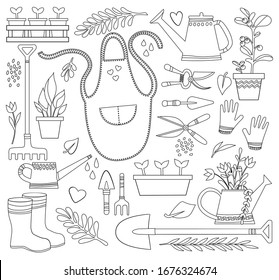 Set of tools and equipment for gardening. Potted plants, watering can, apron, shovel, wheelbarrow, dig, gloves, gardening, nippers, scissors. Elements for design, packaging, fabric, coloring book