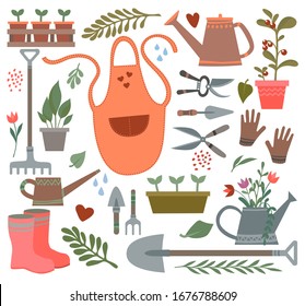 Set of tools and equipment for gardening. Potted plants, watering can, apron, shovel, wheelbarrow, dig, gloves, gardening, nippers, scissors. Spring time vector drawing for design, packaging, fabric.