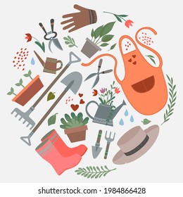 Set of tools and equipment for gardening. Vector doodle. Apron, shovel, dig, gloves, boots, hat, gardening, nippers, scissors. Elements for design, packaging, print, sticker