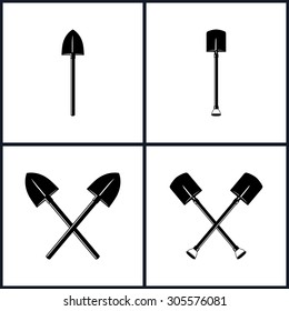 Set of Tools for Excavation, Isolated, Shovel, Two Crossed Shovels, Black and White Vector Illustration
