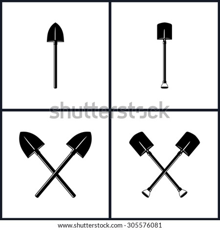 Set of Tools for Excavation, Isolated, Shovel, Two Crossed Shovels, Black and White Vector Illustration