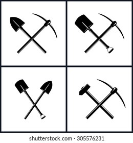 Set of Tools for Excavation and for Percussion Works, Isolated, Two Crossed Shovels, Crossed Shovel and Pickaxe, Pickaxe and Sledgehammer, Mining Industry, Construction, Vector Illustration