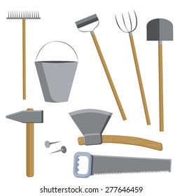 Set of tools for farmers farming in the flat style. Solored with a small detail. Vector illustration