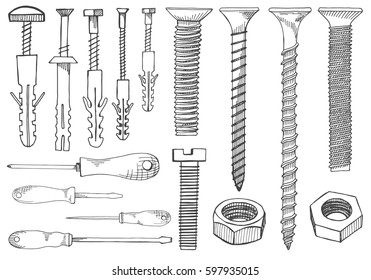 Set of tools and fasteners. Screwdriver, wrench, spanner, hex key, screw, rawlplug, nail expansion anchor, nut. Hand drawn illustration in vector sketch style.