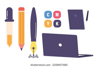 Set of Tools and Gadgets for Creating Design Images. Pipette, Pencil, Nib Pen, Graphic Tablet, Laptop and CMYK Palette Emblem Isolated Icons on White Background. Cartoon Vector Illustration