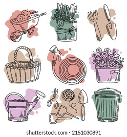A set of tools for the garden. Contour and spot. Watering can, flowers, scissors, shovel.